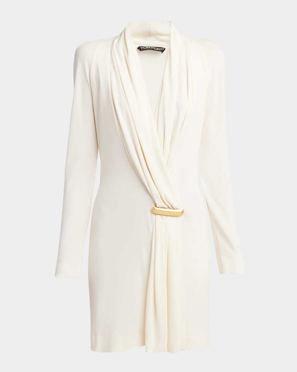 V-Neck Draped Mini Dress with Buckle Detail